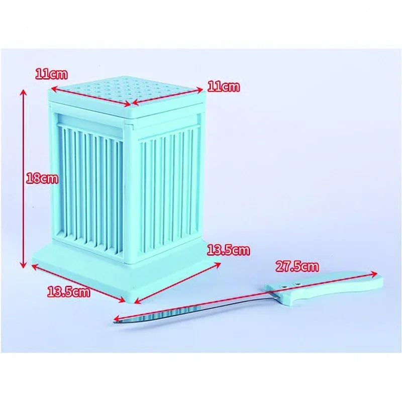 Perfecsy turquoise 49-hole BBQ meat skewer maker with a long metal skewer on Tampa Home & Garden Store