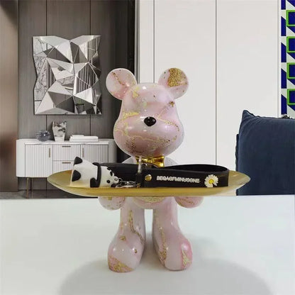 Perfecsy 21cm pink graffiti bear ornament with gold holding a keys tray for shelf decor on Tampa Home & Garden Store