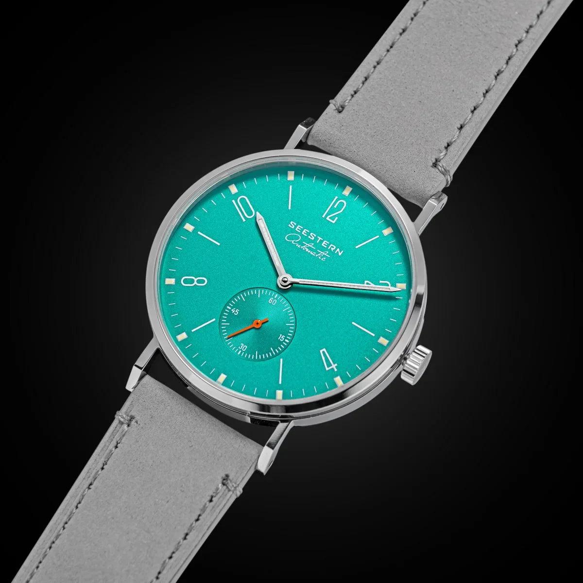 Men's ultra-thin automatic dress watch teal dial, gray suede strap UpTrend Deals on Tampa Home & Garden Store