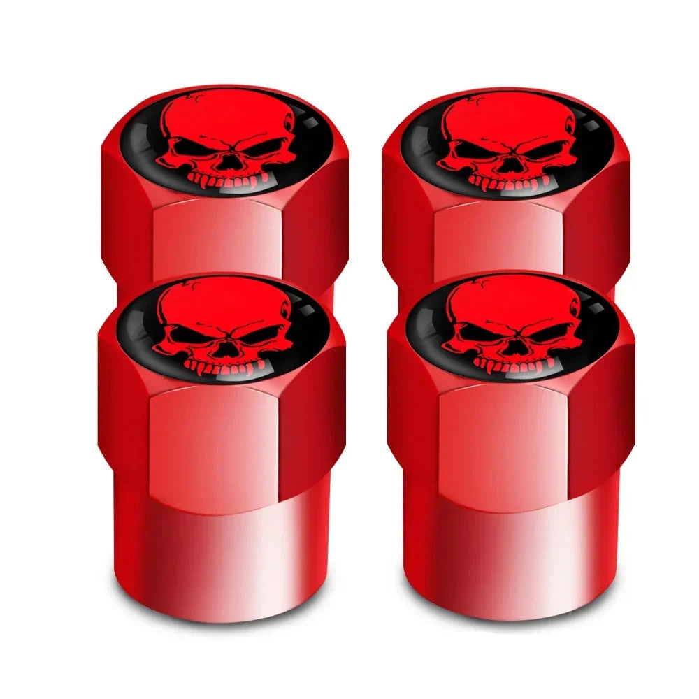 Valve stem caps red 4 pack with skull logo by BikerZoneZ for motor vehicle tires on Tampa Home & Garden Store