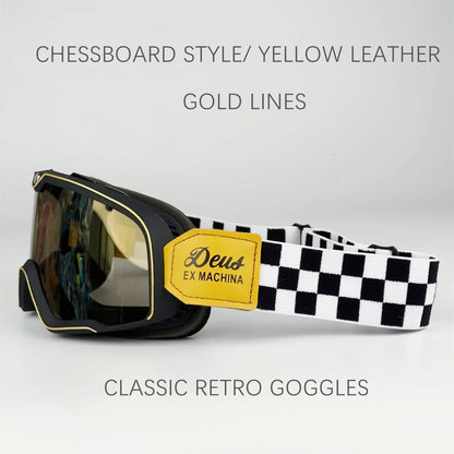 BikerZoneZ Retro Motocross Goggles with black frame, gold trim, yellow patch and checkered strap on Tampa Home & Garden Store