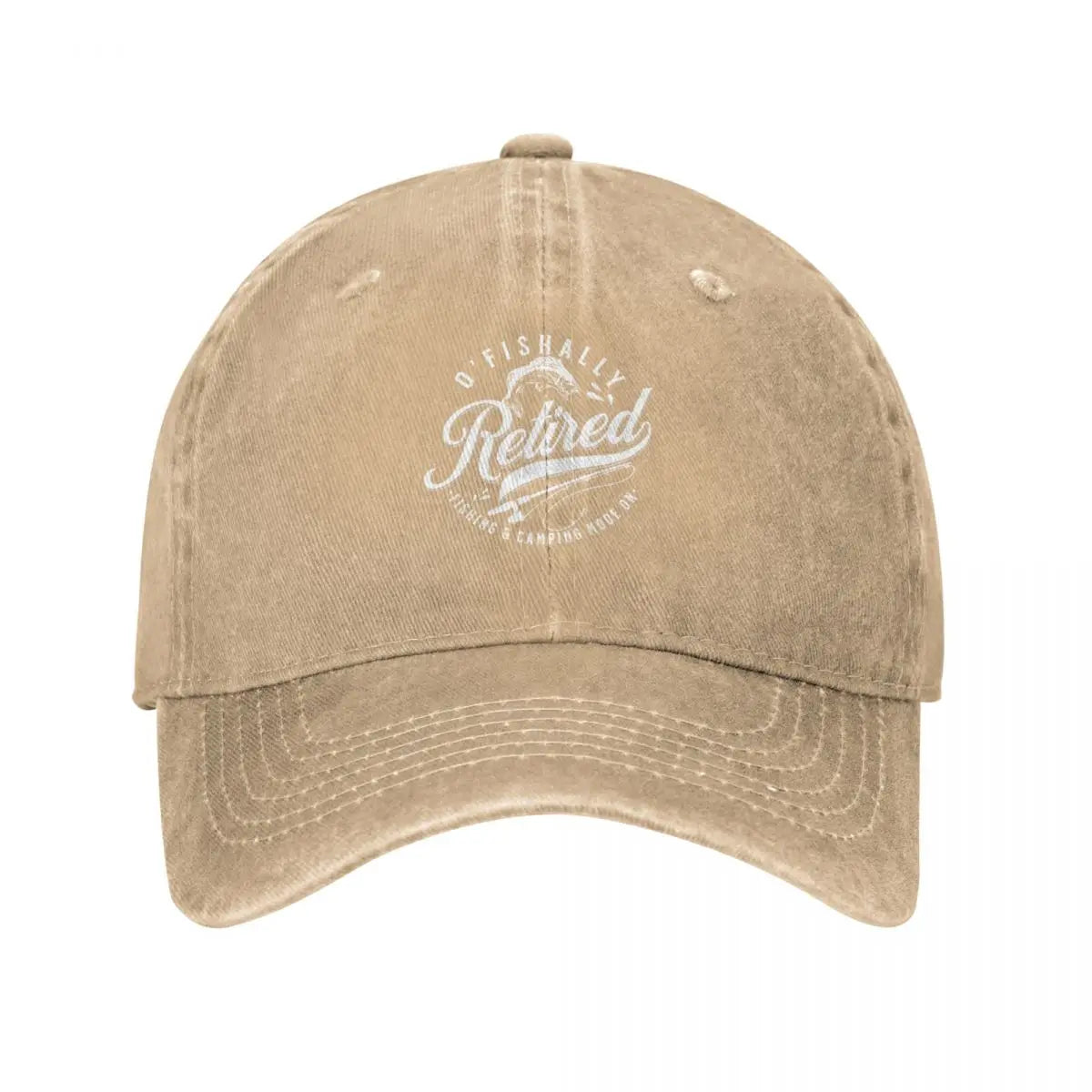 Tan distressed cotton baseball cap with white Retired logo, curved brim on Tampa Home & Garden Store