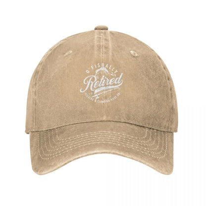 Tan distressed cotton baseball cap with white Retired logo, curved brim on Tampa Home & Garden Store