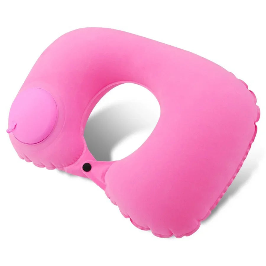 Portable inflatable neck pillow, pink flocking travel cushion with built-in valve on Tampa Home & Garden Store
