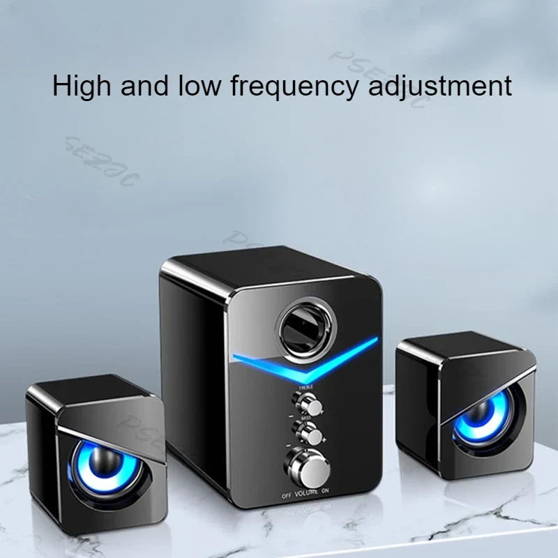 USB Computer Speakers with Mic by UpTrend Deals, black subwoofer and 2 blue LED satellites on Tampa Home & Garden Store