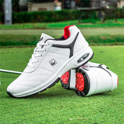 Men's golf shoes pair white waterproof non-slip trainer with red lining EstaliosFit on Tampa Home & Garden Store