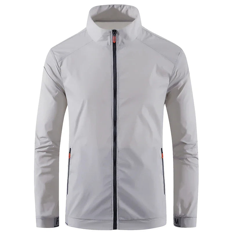 Men's sunscreen jacket waterproof gray UpTrend Deals with black zip and orange pulls on Tampa Home & Garden Store