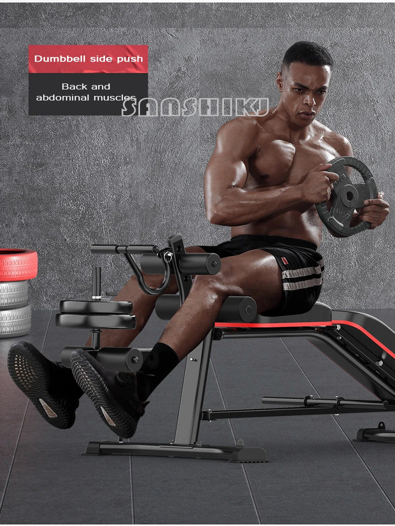 Multi-Function Weightlifting Bench with leg extension and preacher pad, gray/black with red frame on Tampa Home & Garden Store