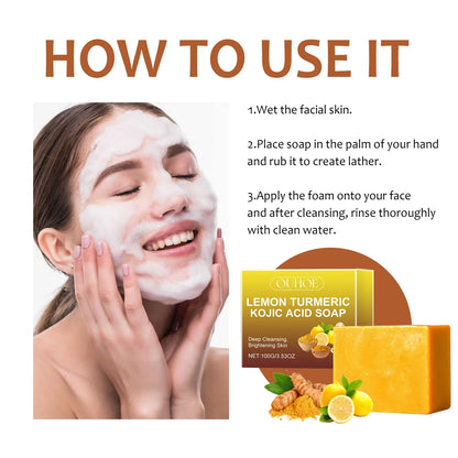 Lemon Turmeric Kojic Acid Soap by Silcy Skin with yellow packaging beside a foamy-face model on Tampa Home & Garden Store