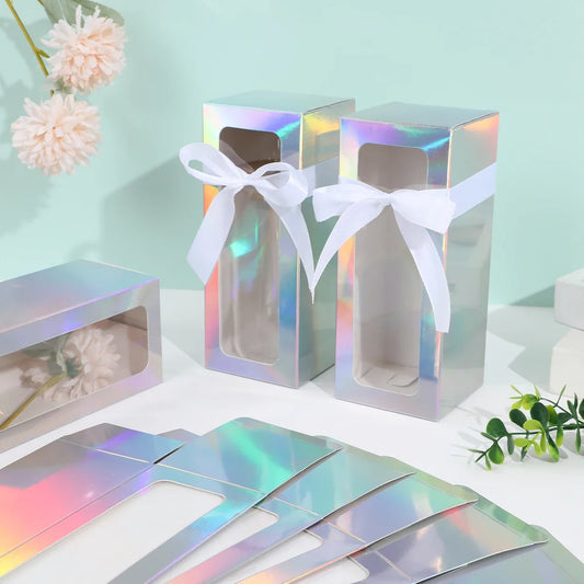 10pc iridescent glass gift boxes with clear windows and white satin ribbons on Tampa Home & Garden Store