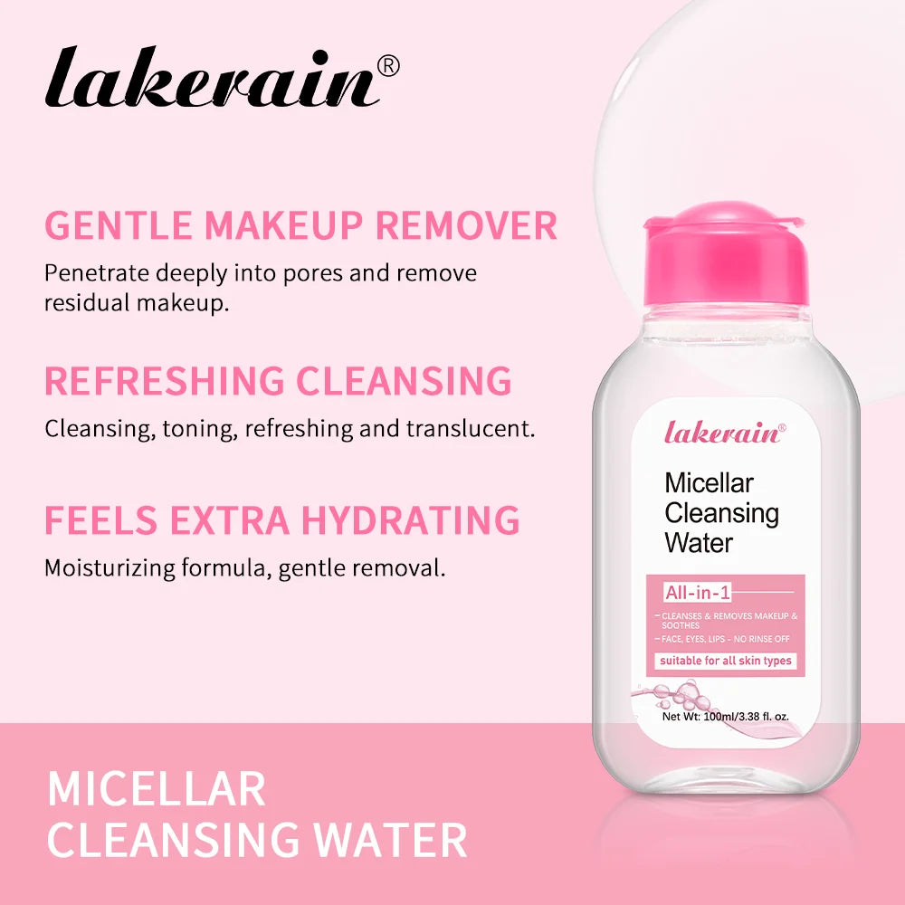 Micellar Cleansing Water bottle with pink cap and lakerain label on pink ad background on Tampa Home & Garden Store