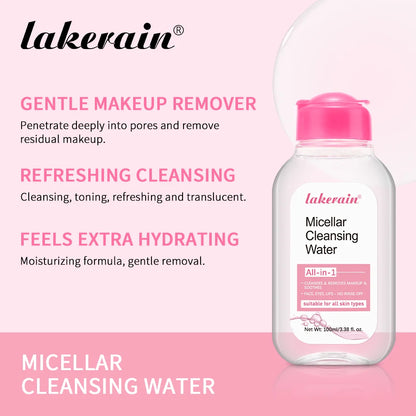Micellar Cleansing Water bottle with pink cap and lakerain label on pink ad background on Tampa Home & Garden Store