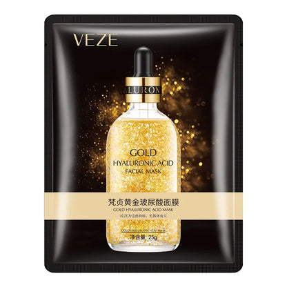 Gold hyaluronic acid facial sheet mask in black foil packaging with glitter bottle VEZE on Tampa Home & Garden Store