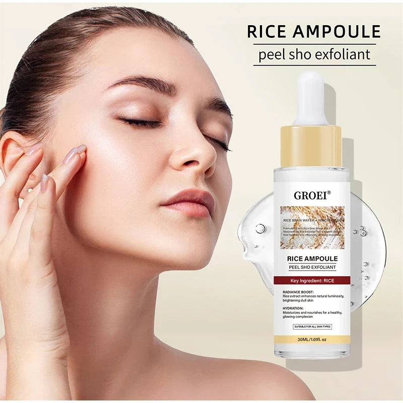 Rice ampoule exfoliant serum bottle by GROEI with gold cap beside a model with glowing skin on Tampa Home & Garden Store