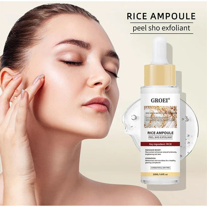 Rice ampoule exfoliant serum bottle by GROEI with gold cap beside a model with glowing skin on Tampa Home & Garden Store