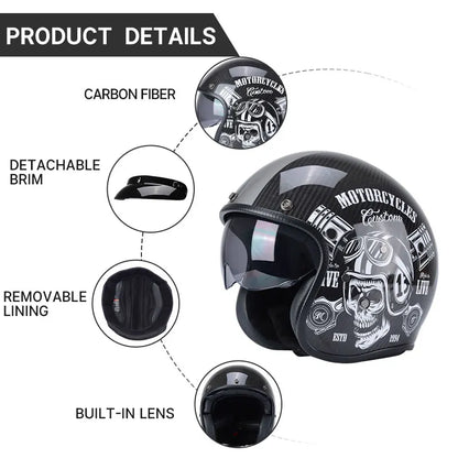 BikerZoneZ carbon fiber retro motorcycle open-face helmet with skull graphic, detachable brim on Tampa Home & Garden Store