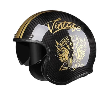 Carbon fiber open-face motorcycle helmet with gold vintage wings graphic on black on Tampa Home & Garden Store