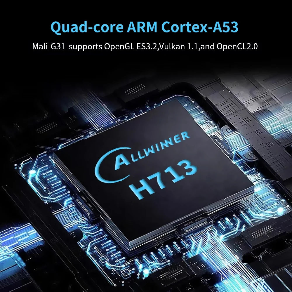 Allwinner H713 processor chip mounted on a blue-lit circuit board on Tampa Home & Garden Store