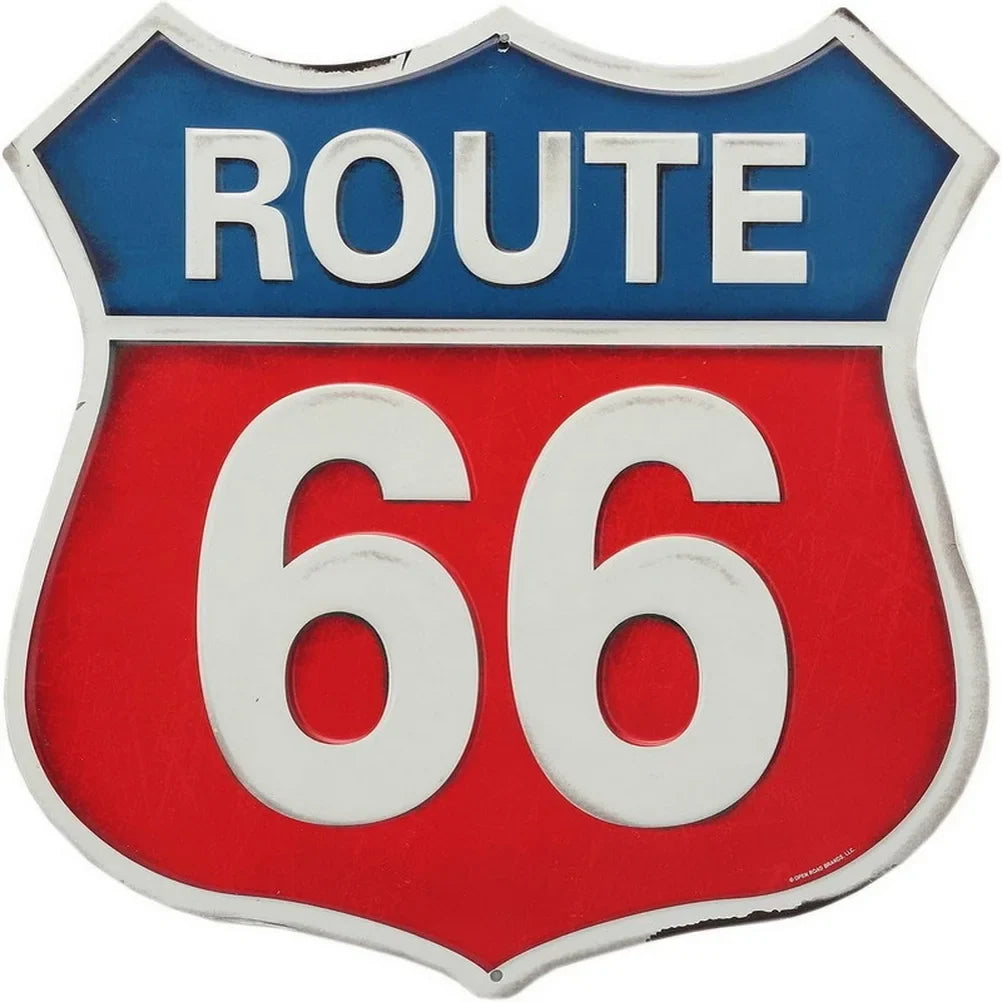 Route 66 shield metal tin sign with blue ROUTE panel and red lower 66 by BikerZoneZ on Tampa Home & Garden Store