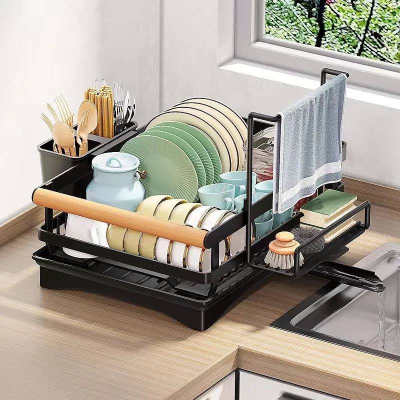 DecorBites Kitchen Sink Organizer Dish Drying Rack, black metal two-tier with wooden bar on Tampa Home & Garden Store