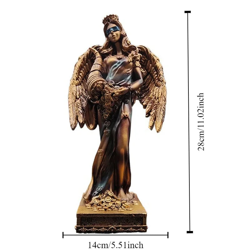 Perfecsy Greek Goddess of Wealth resin statue with golden wings, bronze gown desktop decor on Tampa Home & Garden Store