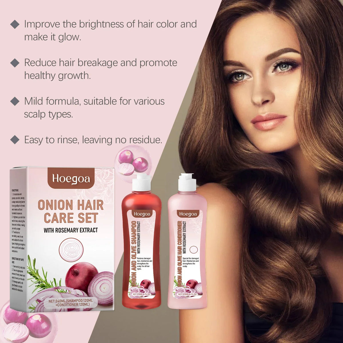 Onion hair care set with rosemary extract; pink and red shampoo and conditioner bottles, Hoegoa on Tampa Home & Garden Store