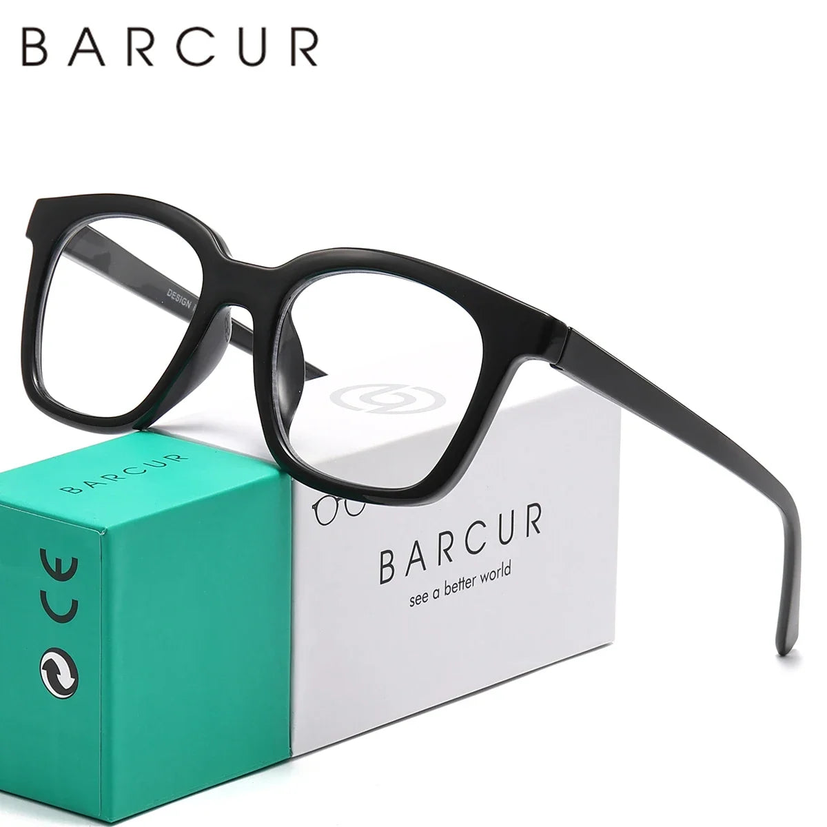 BARCUR rectangular reading glasses with black frame and clear lenses beside a BARCUR box on Tampa Home & Garden Store