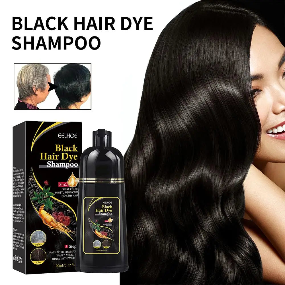 Black Hair Dye Shampoo bottle and box by EELHOE 100ml with glossy dark hair on Tampa Home & Garden Store