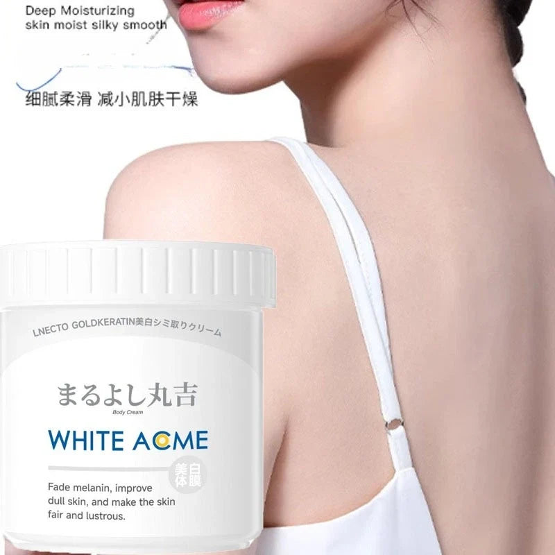 Silcy Skin White Acme Body Cream jar with white lid beside a model's shoulder on Tampa Home & Garden Store