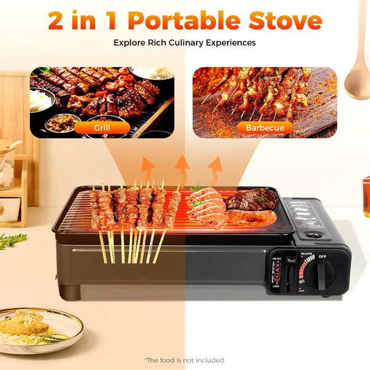 2-in-1 portable butane grill stove black metal with grill surface and skewers on Tampa Home & Garden Store
