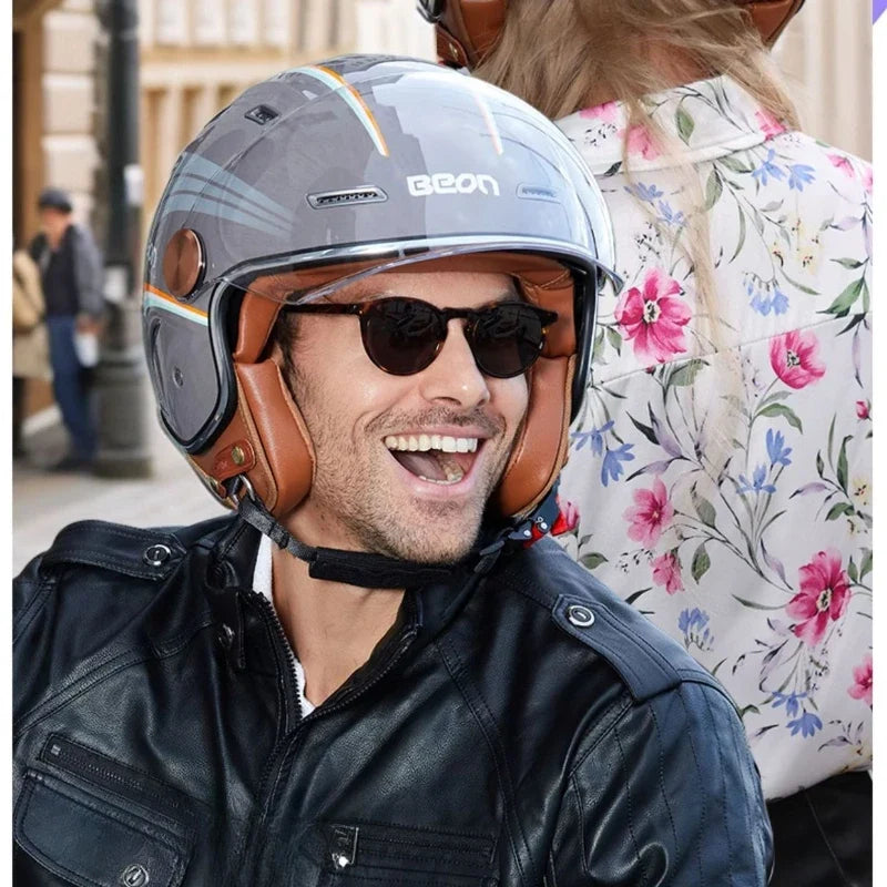 Retro open-face motorcycle helmet gray with brown leather trim and orange accents BEON logo on Tampa Home & Garden Store