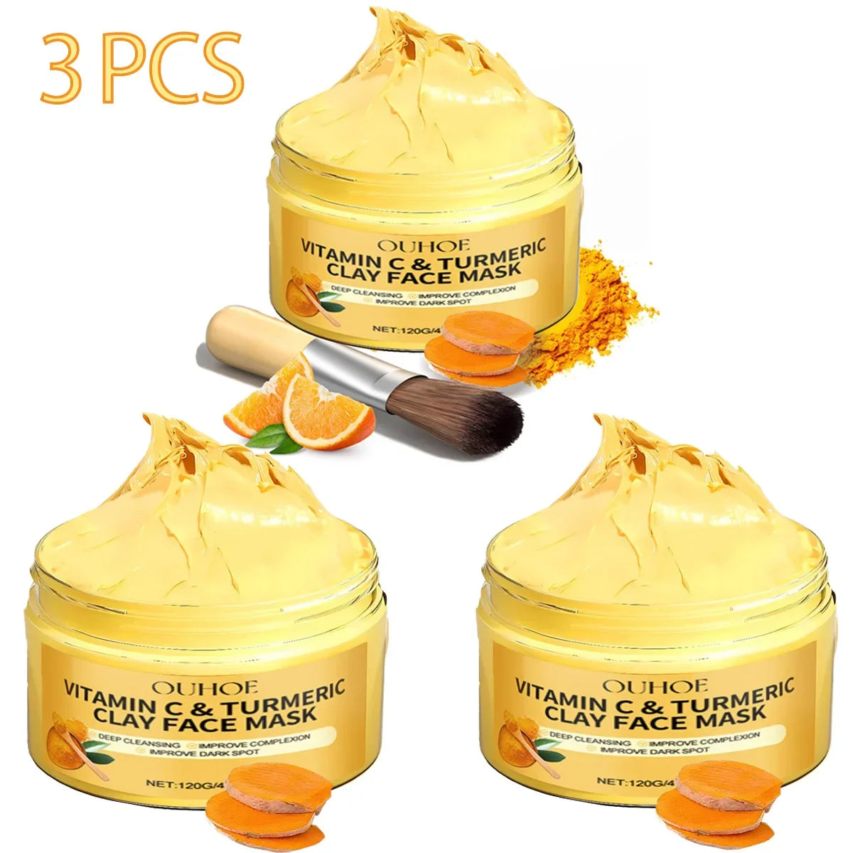 Vitamin C & Turmeric Clay Face Mask trio jars, 3 pcs, yellow containers with orange slices OUHOE on Tampa Home & Garden Store