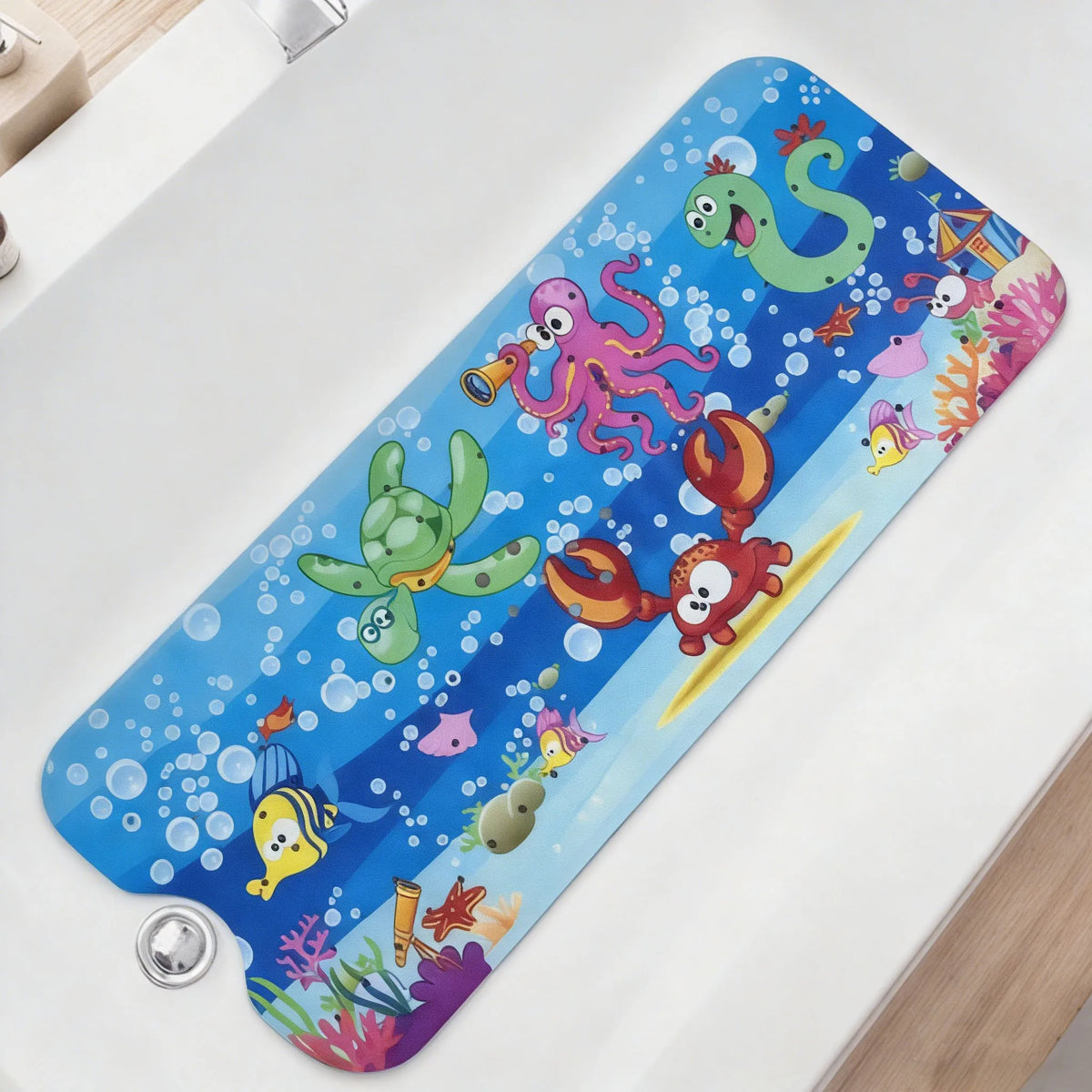 Cartoon bath mat blue with sea creatures non-slip with suction cups drain holes Silcy Skin on Tampa Home & Garden Store