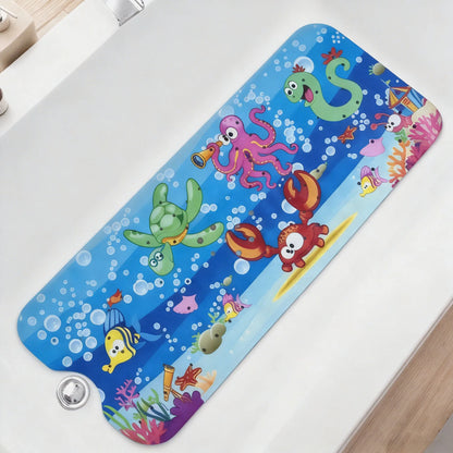 Cartoon bath mat blue with sea creatures non-slip with suction cups drain holes Silcy Skin on Tampa Home & Garden Store