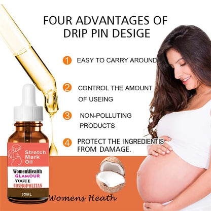 Stretch Mark Oil bottle with dropper, orange label; pregnant belly image on orange backdrop on Tampa Home & Garden Store