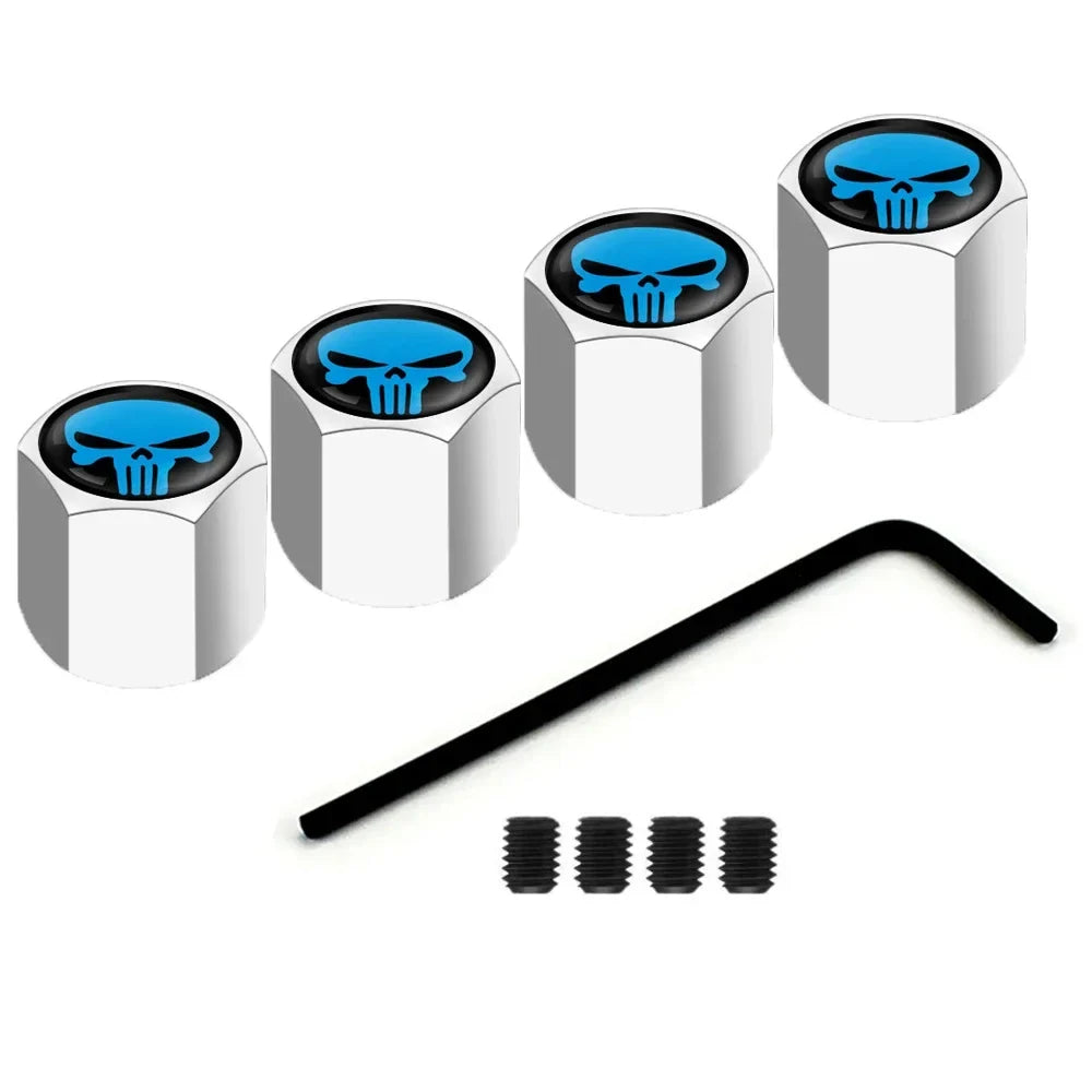 Anti-Theft Skull Valve Caps: four chrome caps with blue skull tops and four hex key adapters on Tampa Home & Garden Store