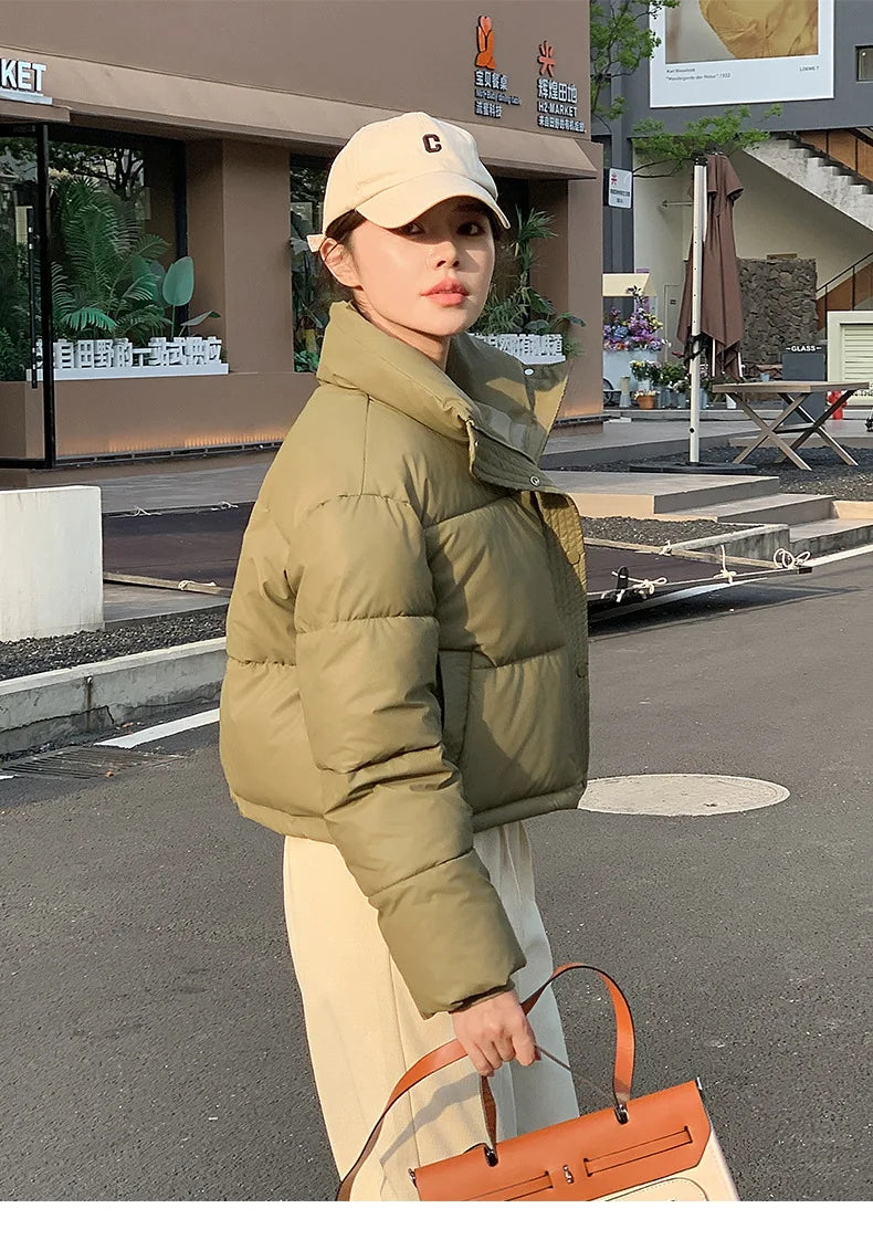Women Winter Cropped Jacket olive green cotton-padded puffer coat worn by model on Tampa Home & Garden Store