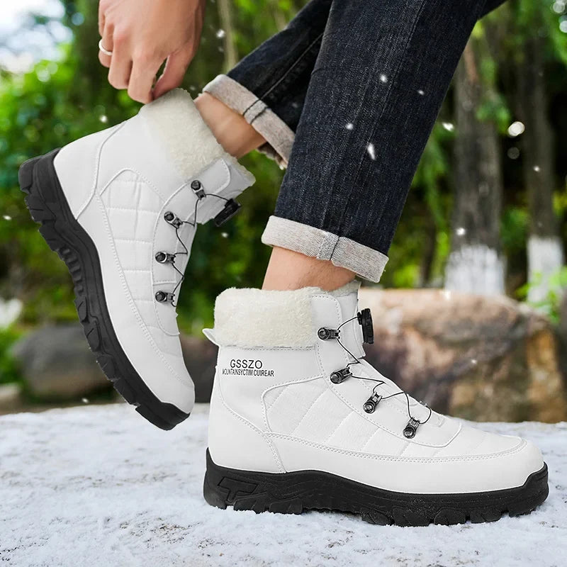 Mens Winter Snow Boots white fur-trimmed with black rugged outsole and metal lace hooks on Tampa Home & Garden Store