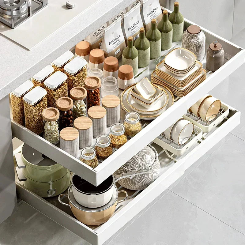 DecorBites Kitchen Storage Rack Drawer Organizer with slide rails, white frame, glass jars on Tampa Home & Garden Store