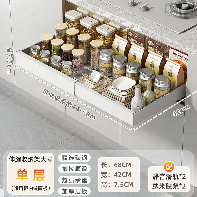 DecorBites Kitchen Drawer Organizer with Slide Rails, white metal frame and wooden-lid jars on Tampa Home & Garden Store