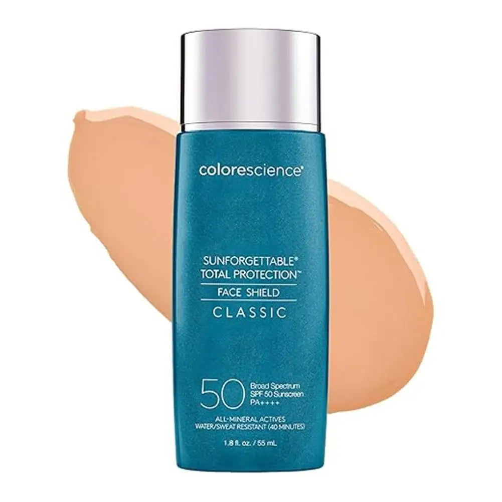 Colorescience SPF 50 Face Shield bottle in teal with silver cap and backdrop on Tampa Home & Garden Store