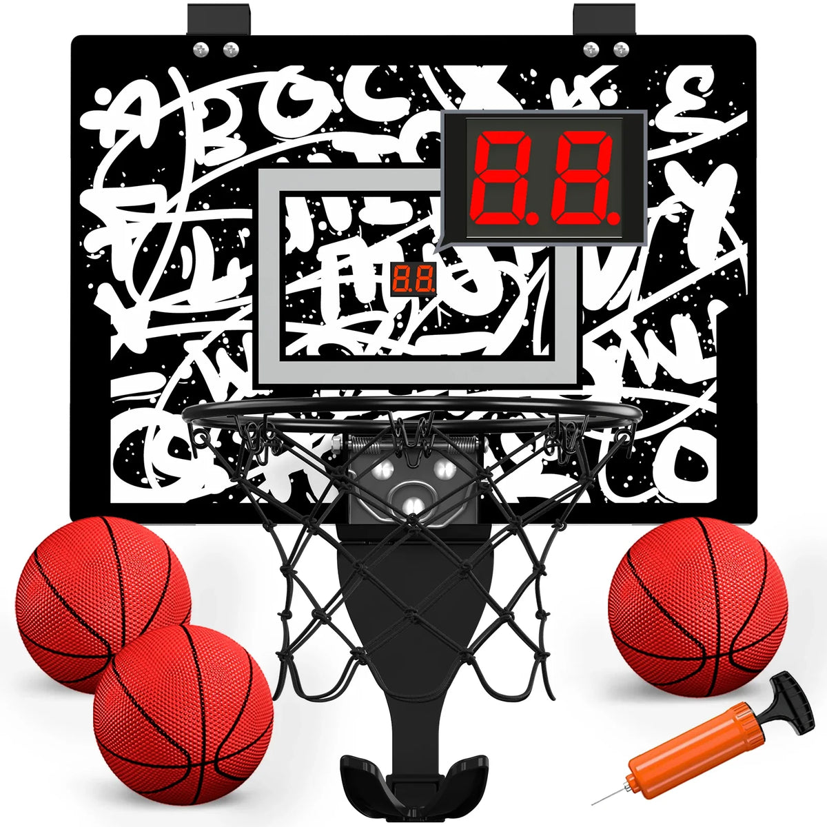 Kids mini basketball hoop with electronic scoreboard and graffiti backboard, 4 red balls on Tampa Home & Garden Store