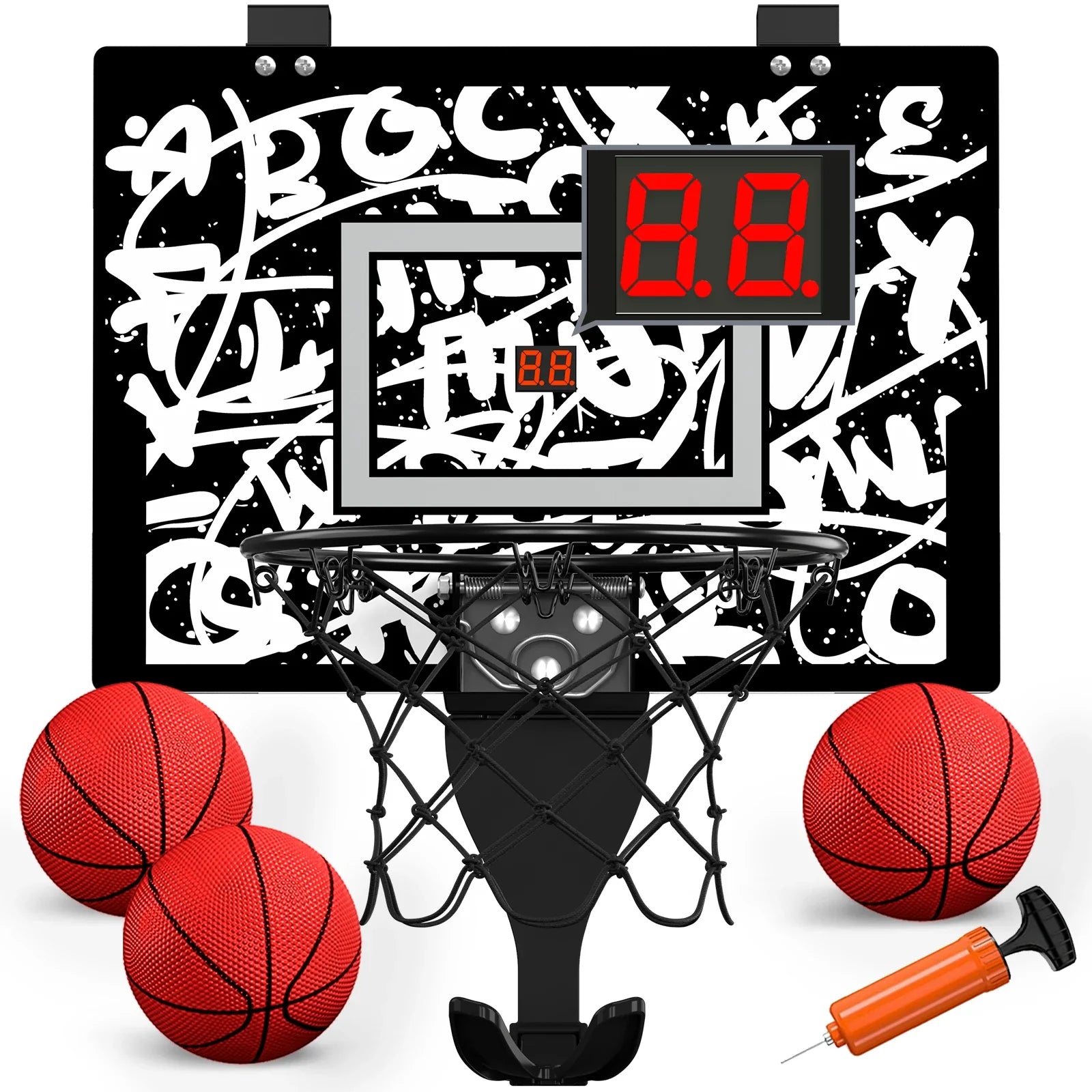 Kids mini basketball hoop with electronic scoreboard and graffiti backboard, 4 red balls on Tampa Home & Garden Store