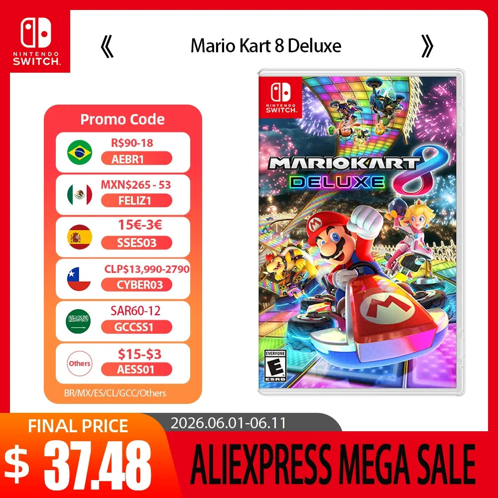 Nintendo Switch Mario Kart 8 Deluxe game cover with colorful kart artwork and promo code panel on Tampa Home & Garden Store