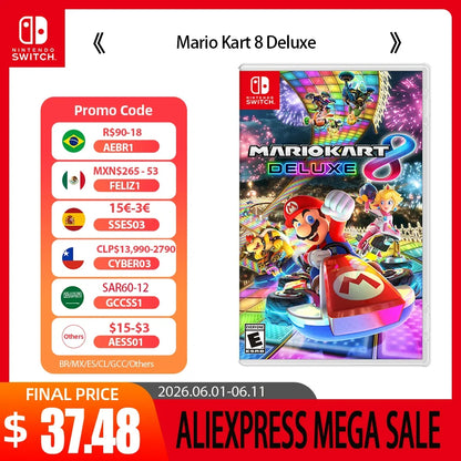 Nintendo Switch Mario Kart 8 Deluxe game cover with colorful kart artwork and promo code panel on Tampa Home & Garden Store