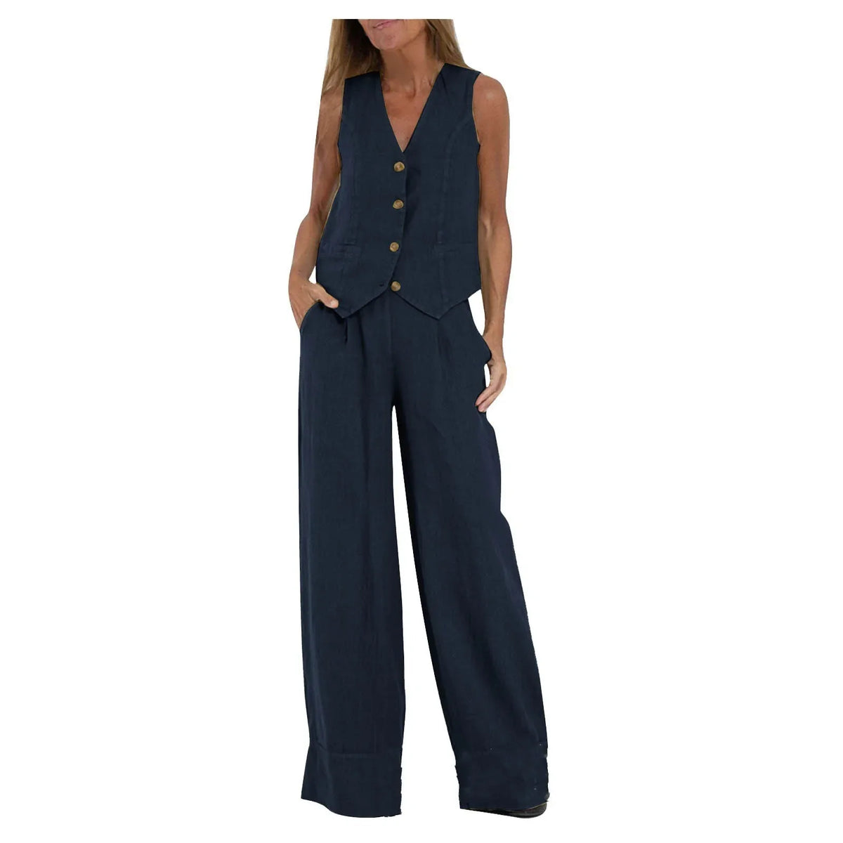 Women's sleeveless vest and pants set in navy with wide-leg pants UpTrend Deals on Tampa Home & Garden Store