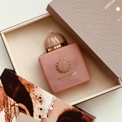 AMOUAGE Guidance Lilac Love perfume bottle, pink glass with gold cap and crest in beige box on Tampa Home & Garden Store