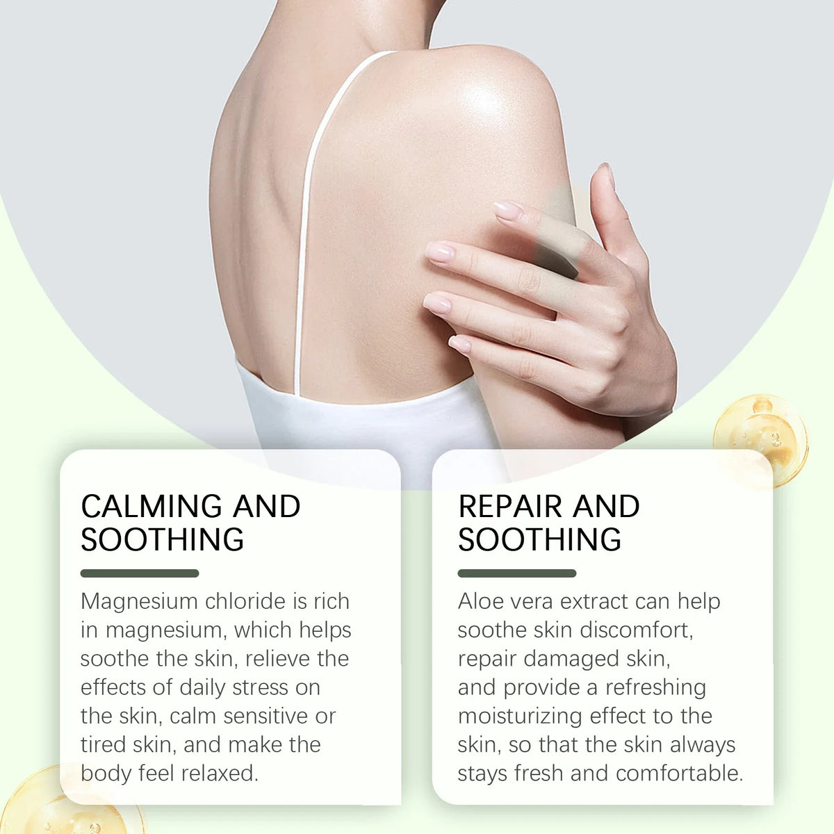 Shea Butter Body Lotion by Silcy Skin on model's shoulder with white strap, smooth skin on Tampa Home & Garden Store