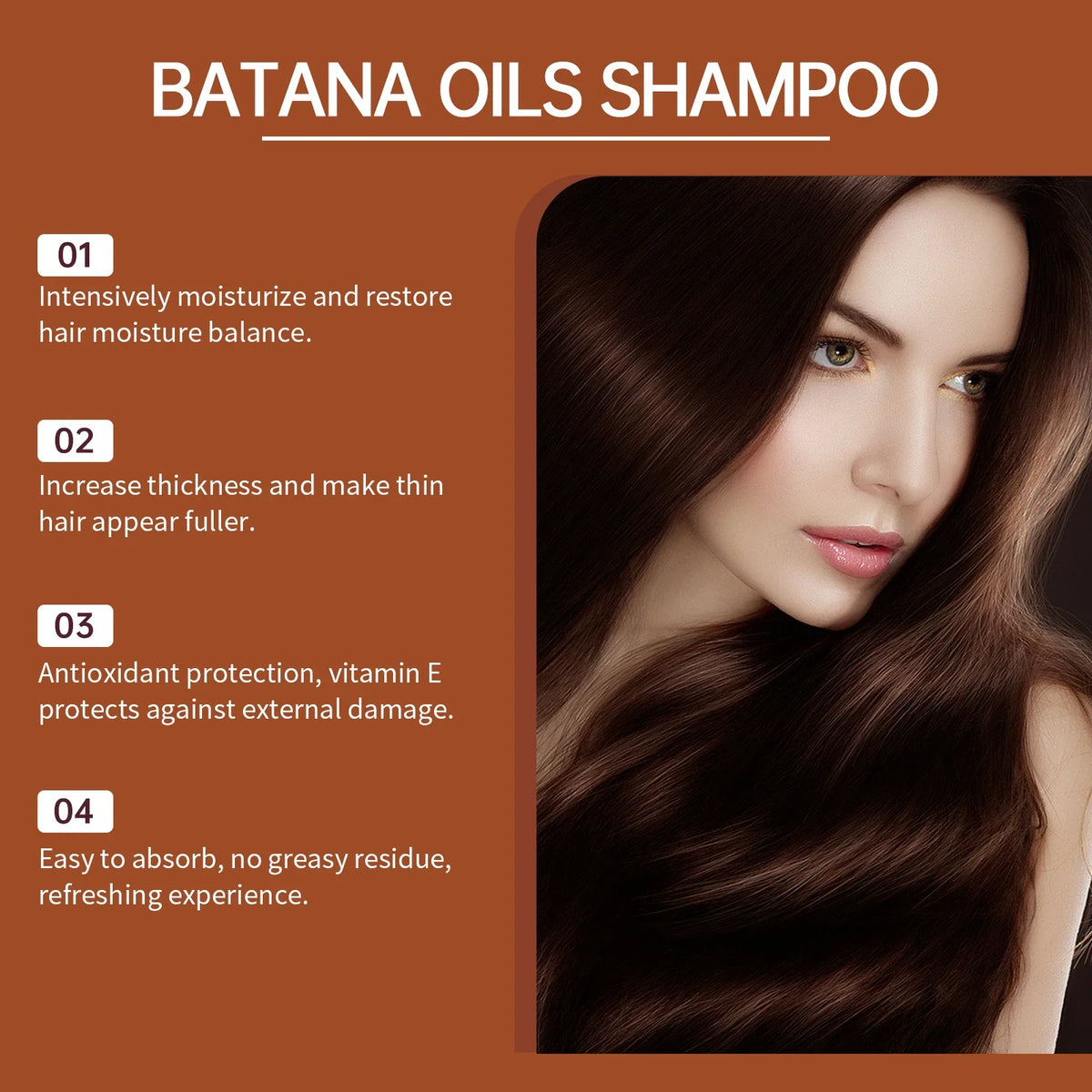 Batana Oils Shampoo by Silcy Skin on orange layout with a model featuring long glossy brown hair on Tampa Home & Garden Store