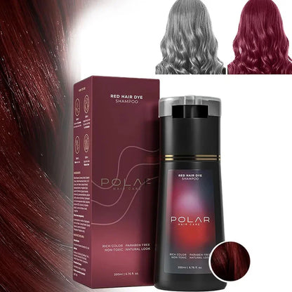 Red Hair Dye Shampoo bottle with maroon box Polar Hair Care packaging on Tampa Home & Garden Store